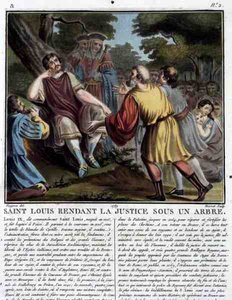 Saint Louis (1215-70) poskytuje spravedlnost pod stromem, vyryl Jean Baptiste Morret (fl. 1790-1820) 1789 (barevná rytina) od Jean Claude (after) Naigeon