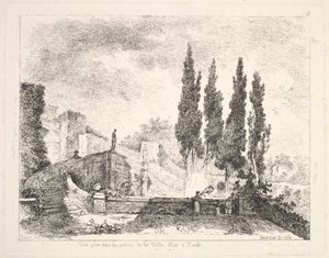 Pohled do zahrad ve Villa dEste v Tivoli, kypry vpravo, schodiště vedoucí..., 1764.