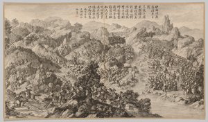 Bitva u Yixier Kuernaoer: z Battle Scenes of the Quelling of Rebellions..., c1765-1774.