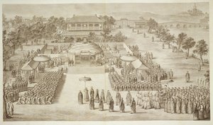 Císař Qianlong přijímá poctu dobytým Eleuthům (Tatar Kalmucks) deska 2 ze série tisků představujících dobytí čínského císaře, vyryl Jacques Philippe Le od Jean Denis Attiret