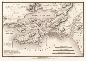 Plan du Combat de Salamine Pour le Voyage du Jeune Anacharsis (Plán bitvy u Salamis 480 př. n. l.) od Jeana Denise Barbie du Bocage (1760-1825) z Voyage du jeune Anacharsis en Grèce (Cesty Ana od Jean Denis Barbie du Bocage