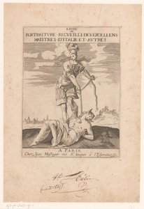 Minerva sváže Hloupost provazem Titulní strana pro: s.n., Livre de portraiture receuilli des excellens maistres d