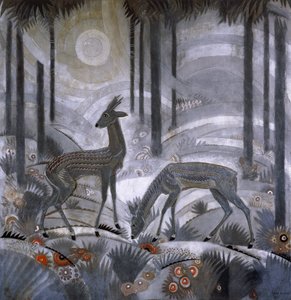 Dva jeleni v lese, kolem roku 1929 (lakovaný dřevěný panel)