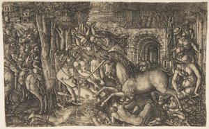 Král pronásledovaný jednorožcem, ze série Unicorn, ca. 1555. od Jean Duvet