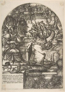 Umělec Jean Duvet v přestrojení za svatého Jana Evangelisty, sedící u stolu, ca. 1546-55.