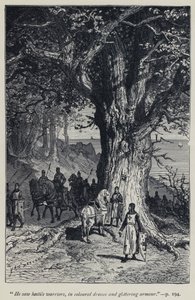 „Viděl nepřátelské válečníky v barevných šatech a třpytivé zbroji“ (rytina) od Jean Edouard Dargent