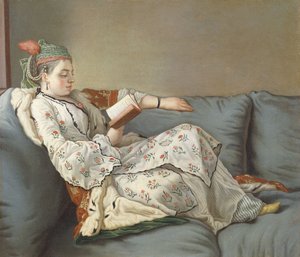 La Sultane Lisant, dáma v tureckém kostýmu čtení na divanu, od Jean Étienne Liotard