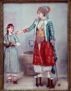 Orientalismus: „“Francová dáma oděná tureckou a její otrokyní““ Obě ženy nosí dřevěné platformy používané v hammamu. Pastelový obraz Jeana Etienna Liotarda (1702-1789) 1742 Rozm. 0,71 x 0,53 m Ženeva, musee d