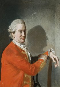 Portrét Jamese Hamiltona, 2. hraběte z Clanbrassil, poloviční délka, v červeném kabátě, sedícího v mahagonovém křesle, jeho profil zalitý ve stínech na zdi za zády, 1774 od Jean Étienne Liotard