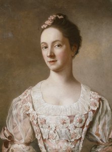Portrét dámy, poloviční délka, v růžových a bílých šatech, od Jean Étienne Liotard