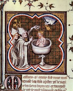 Bapteme of Clovis (466-511) od Saint Remy (Saint Remi) do Remeše v roce 496: Duch svatý přináší svatou žárovku obsahující posvátný cherm používaný k pomazání králů. Miniatura v „“ grandes Chronicles de France“ od Jeana Fouqueta (1420-1481) od Jean Fouquet