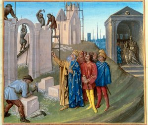 Stavba paláce v Cáchách (796-805) Karlem Velikým (742-814), který dohlíží na staveniště. Vpravo, keporkak Pepin (770-811), který se stává mnichem. Miniatura z „Les Grandes Chronicles de France““ osvícená Jeanem Fouquetem (1420-1