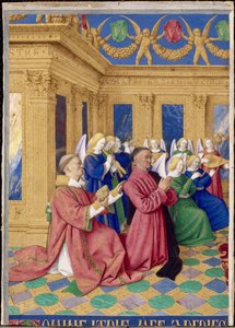 Étienne Chevalier a jeho patron svatý Étienne, miniatura z Hodin Étienna Chevaliera od Jean Fouquet