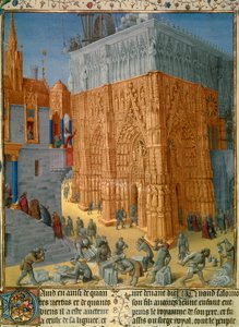 Stavba jeruzalémského chrámu králem Šalamounem Král se stavbě účastní z balkónu svého paláce. Miniatura z rukopisu „The Judaic Antiquities““ od Josepha Flavia (Giuseppe Flavio, Flavius Josephe) (37-100) ilustrovaná Jea od Jean Fouquet