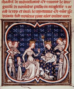 Francouzský král Filip I. (1052-1108) s manželkou Berthe z Hollande a jejich dětmi Konstancií Francouzskou (1078-1125) a Ludvíkem VI. (1081-1137) Miniatura z „“Les grandes Chronicles de France““ (ms. fr 2813 fol. 182) 1375-1380 Paříž, B.N. od Jean Fouquet