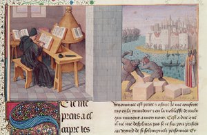 Ms.fr.273 fol.7 Livius (59 př. n. l. - 17 n. l.) Psaní a založení Říma, z "Letopisů římského lidu", překlad Pierre Bersuire, asi 1475. od Jean Fouquet
