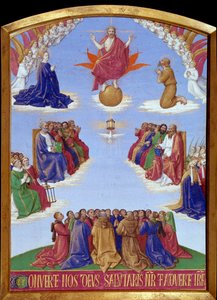 Pentecote: Nanebevstoupení Ducha svatého. Miniatura převzatá z „“The Book of Hours of Etienne Chevalier”” od Jeana Fouqueta (1420-1477/1481)