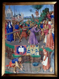 Miniatura Portage de croix převzata z „Knihy hodin Etienna Chevaliera““ od Jeana Fouqueta (1420-1477/1481) od Jean Fouquet