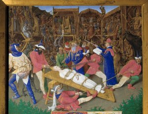 Hlasy svatých. Umučení svatého Apolína (neboli Apollonia) Křesťanský svatý Apolin Alexandrijský je mučen Paiany v roce 249 našeho letopočtu. Popravčí ho tahají za vlasy a vylamují mu zuby. Císař Dece je divák. Detail pořízené miniatury