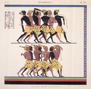 Interpretace fresek v Ibsambulu zobrazujících núbijské otroky z "Památky de l"Egypte et de la Nubie" od umělce, kolem roku 1835