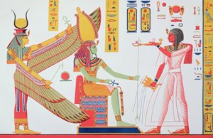 Ramses IV. (1153-1147 př. n. l.), který obětuje kadidlo Isidě a Amonovi-Re, sedící na trůnu, kopie nástěnné malby z jeho hrobky v Údolí králů, deska 260 z Monuments dEgypte od Jean-Francois