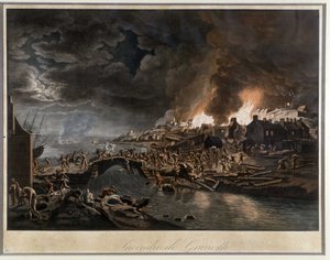 Granville v plamenech obležený Vendéany, podle malby J. Françoise Hue, c. 1800. od Jean-Francois Hue