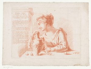 Titulní tisk s ženou a džbánem Kompozice s částmi lidského těla (název série) Huitième Cahier, Principes de Design (název série na objektu) od Jean Francois Janinet