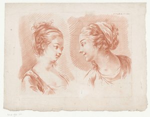 Dvě ženské hlavy 6. Feuille du 8.e Cahier. (název na objektu) Kompozice s částmi lidského těla (název série) Huitième Cahier de Principes de Design (název série) od Jean Francois Janinet