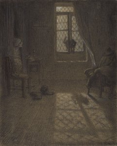 Le chat aneb The Cat at the Window, 1857-58 (conté pastelka a pastel s tupováním a prolínáním, fixováno na tkaném papíře) od Jean Francois Millet