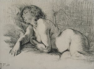 Studie ležícího ženského aktu (uhl na papíře)