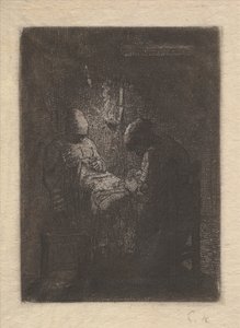 Two Women Sewing by Lamplight, ca. 1853. od Jean Francois Millet