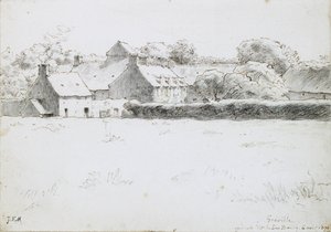 Pohled na hospodářské budovy přes pole, 1871 (grafit s černou křídou, perem a inkoustem a pastelkou na papíře) od Jean Francois Millet