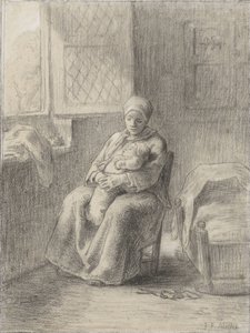 Žena sedí s dítětem u otevřeného okna od Jean-Francois Millet