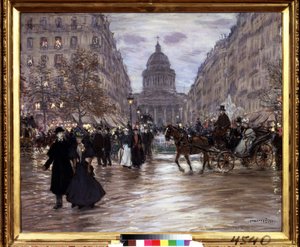 ""Boulevard Saint Michel"" Pohled na Rue Soufflot a Pantheon z Lucemburských zahrad a Boulevard Saint-Michel v Paříži, taxíky a elegantní páry oživují ulici za soumraku. Obraz Jeana Francoise Raffaelliho (18 od Jean Francois Raffaelli