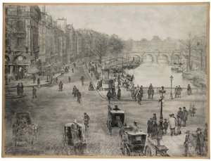 Paříž, Place de Saint Michel s Quai des Grands Augustins a Pont Saint Michel v popředí a Pont Neuf a Louvre v pozadí, kolem roku 1900 od Jean Francois Raffaelli