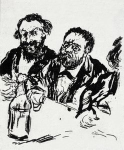 Malíř Edouard Manet (1832-1883) a spisovatel Emile Zola (1840-1902) u stolu Karikatura Jean Francois Raffaelli (1850-1924)