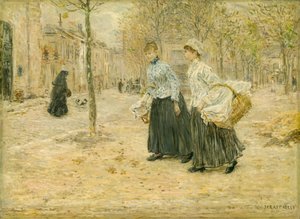 Dvě pračky překračující malý park v Paříži, c. 1890.