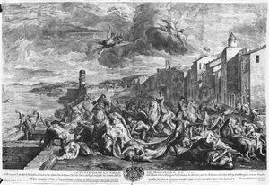 Mor 1720 v Marseille, vyryl Simon Thomassin (1655-1733) 1727 (rytina) (č/b foto) od Jean Francois de (after) Troy