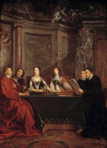 Rada svědomí: Svatý Vincent de Paul, hlava rady svědomí, čtená před kardinálem Julesem Mazarinem (Giulio Raimondo Mazzarino nebo Mazarino) (1602-1661), Pierrem Seguierem (1588-1672), královnou Annou Rakouskou (1601-1666 ) a Ludvík XIV (1638 od Jean François de Troy