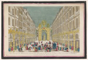 Pohled na výzdobu Rue de la Feronnerie v Paříži u příležitosti restaurování Ludvíka XV., krále Francie, v roce 1745 Vue perspective des illuminations de la Ruë de la Feronnerie du côté de la Ruë St. Denis a Paris (...) (název na o