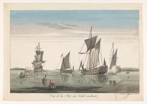 Krajina s loděmi a čluny při západu slunce Vue de la mer au soleil couchant (název na objektu) od Jean François Daumont