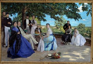 Rodinné setkání: portrét francouzské buržoazní rodiny shromážděné v zahradě. Zleva doprava: Jean Frederic Bazille, jeho strýc Monsieur des Hours, jeho matka a otec, jeho sestřenice Pauline a její manžel Monsieur Teulon, jeho teta Madame des Hours a od Jean Frederic Bazille