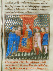 Anglický král Eduard III. na trůně, oděný do tuniky s anglickými a francouzskými znaky, naslouchá projevu Roberta z Artois ...