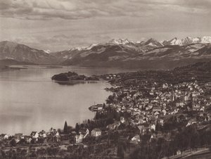 Švýcarsko: Curyšské jezero, Horgen, Au a Alpy (černobílé foto)