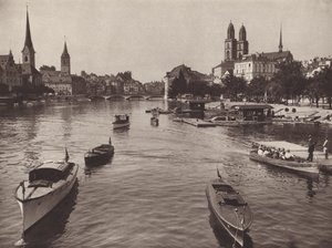 Švýcarsko: Curych z Quaibrucke (černobílá fotografie)