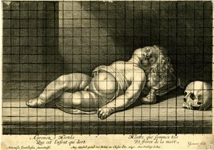 Jean Ganière - Spící dítě s hlavou položenou na polštáři; lebka vpravo. 1640 od Jean Ganière