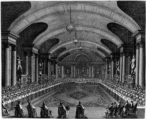 Francouzská revoluce: „“ Zahajovací zasedání institutu v roce 1795““. Dne 25. října od Jean Girardet