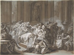 The Death of Seneca (pero a černý inkoust, štětec a hnědé mytí, zvýrazněné bílým kvašem na modrém papíře)