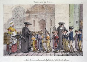 Bývalý pouliční obchod v Paříži: bratři vozí děti do Saint Nicolas des Champs (Saint-Nicolas-des-Champs), katolická škola - rytina Jeana Henryho Marleta (1771-1847) v sérii „“Les Tableaux de Paris“ 72 tisků, konec 19. stol od Jean Henri Marlet
