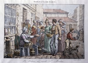 Starý obchod v ulicích Paříže: Dojička trhu Saint Martin (Saint-Martin) - rytina Jeana Henryho Marleta (1771-1847) v „“Les Tableaux de Paris“, série 72 tisků, konec 19. století